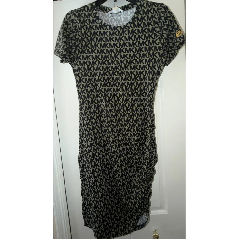 MICHAEL Michael Kors Women Army Green MK Logo Ruched Bodycon Dress